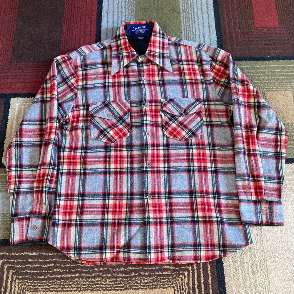 Vintage Puritan Aquawool Plaid Gray Red Flannel Button Up Shirt Long Sleeve Sz M